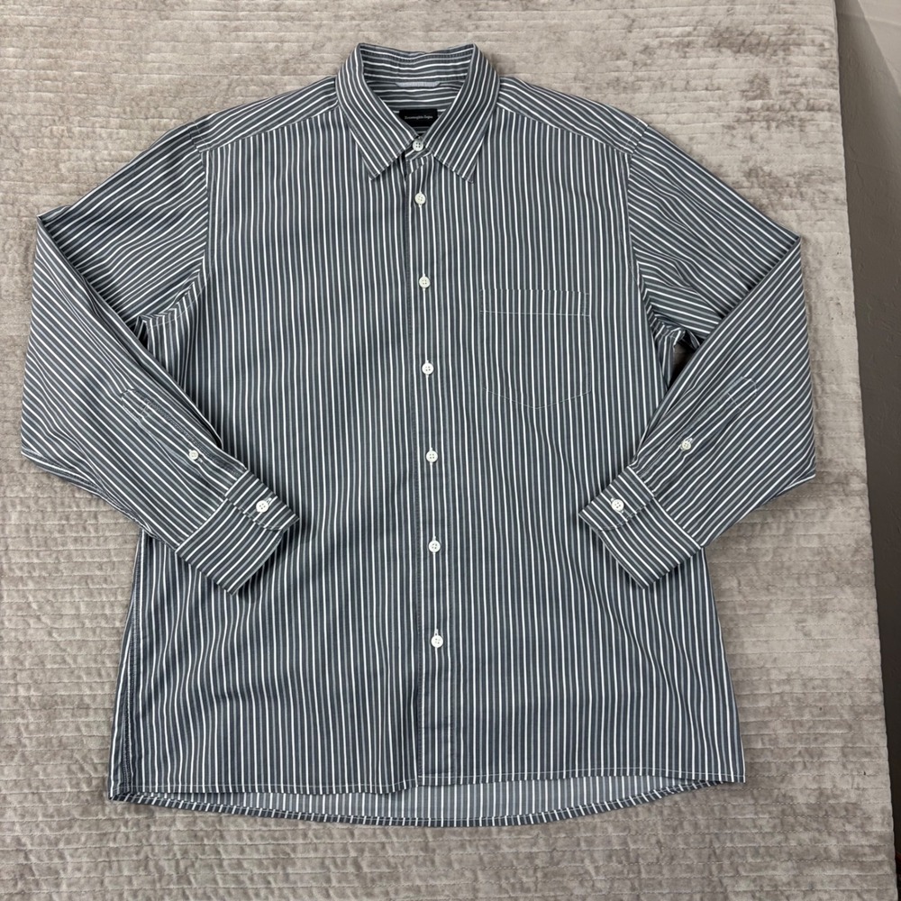 Ermenegildo Zegna Mens XL Grey White Striped Cotton Button Down Dress Shirt